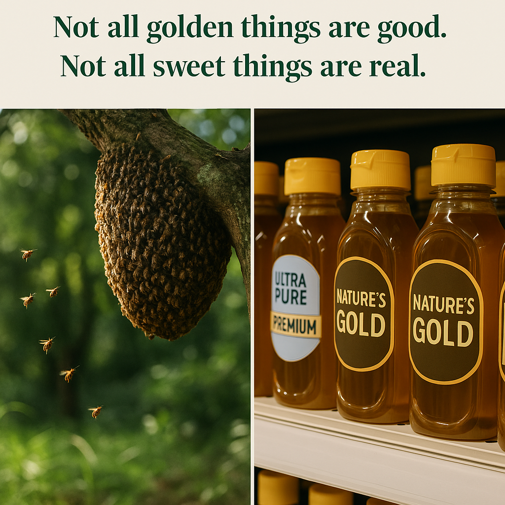A split-image showing a natural wild beehive in a forest on the left, representing raw and untouched truth, and a row of store-bought honey bottles labeled “Nature’s Gold” and “Ultra Pure Premium” on the right, representing the commercial and artificial. The text above reads: “Not all golden things are good. Not all sweet things are real.” The image contrasts authenticity with marketing illusion.