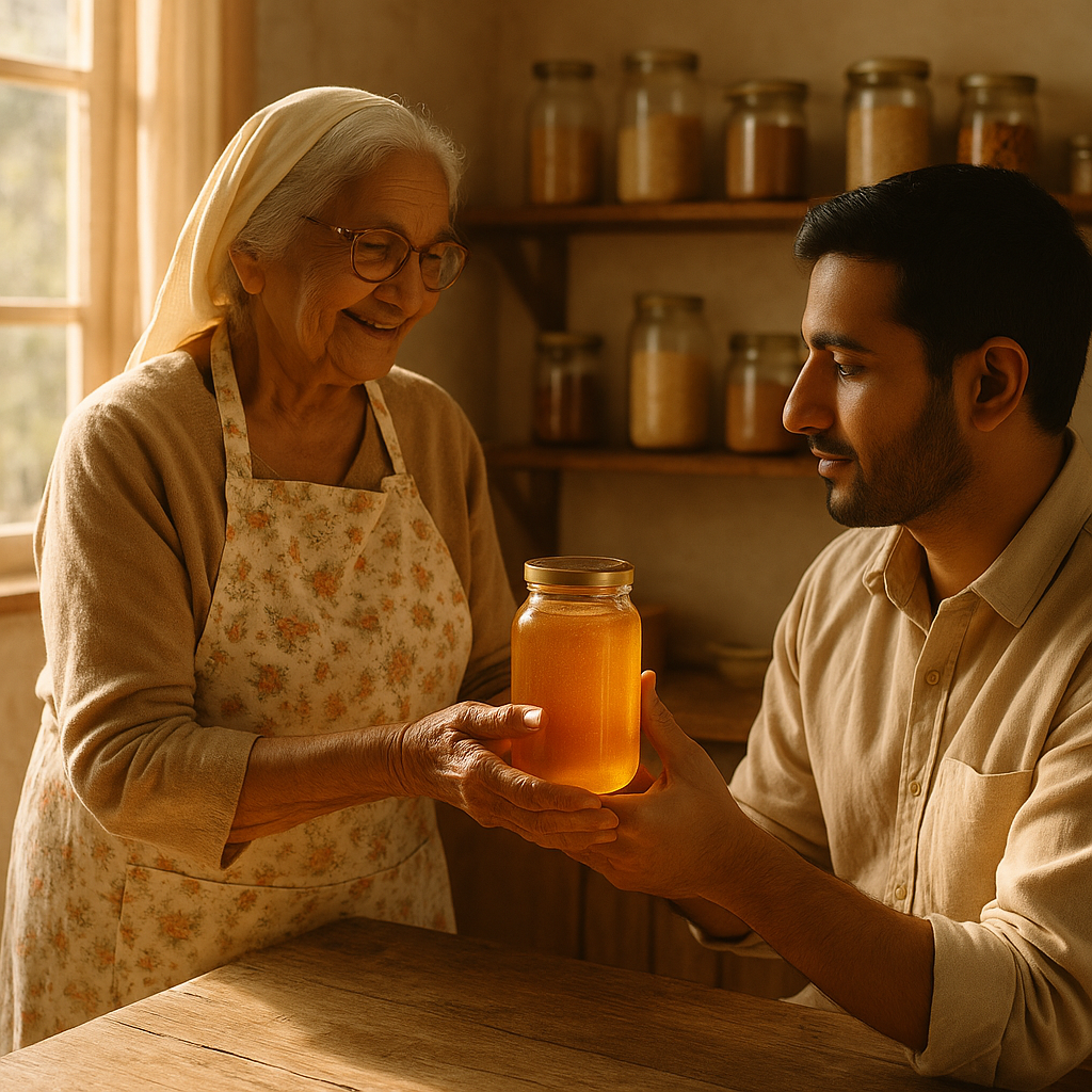 A grandmother offering honey to her smiling grandson across a wooden table, lit softly by morning light — Elesaar Honey Blog Series 2