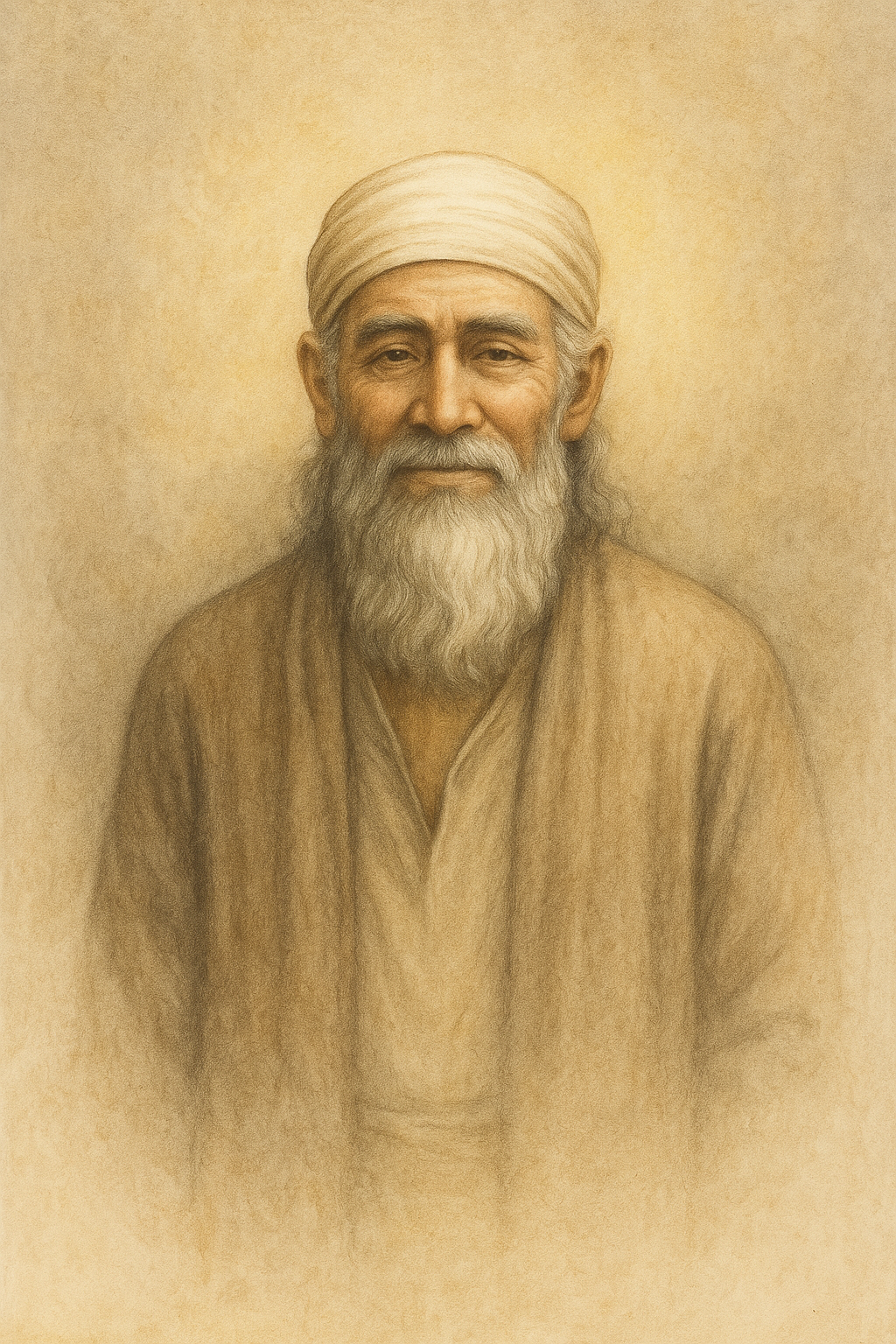 A hand-painted frontal portrait of a wise, barefoot elder wrapped in a simple robe, gazing forward with silence and presence. A timeless figure of truth and inner stillness.