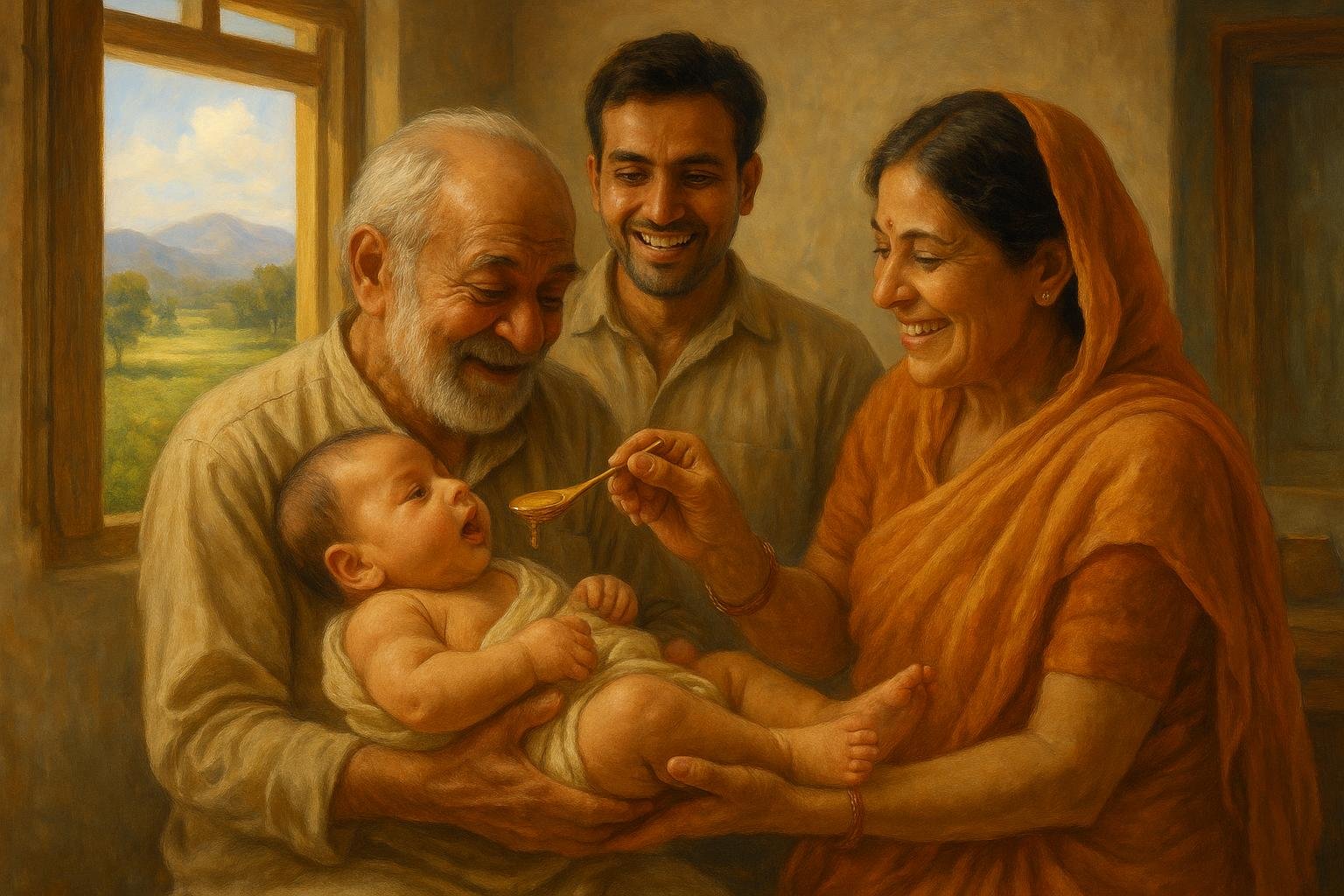 Grandparents offering honey to a newborn held in their arms, surrounded by smiling family, with sunlight and mountains outside the window – an Indian subcontinent tradition in Elesaar Honey Blog Series