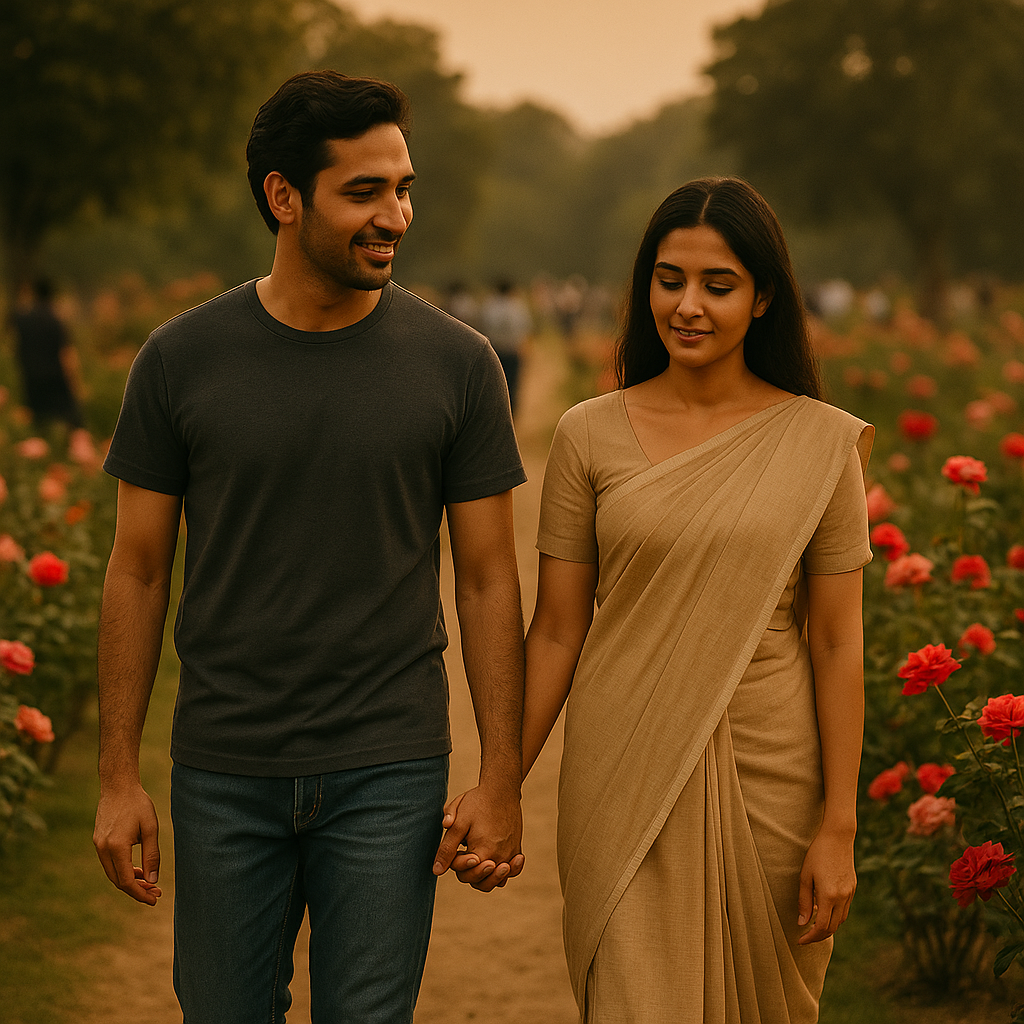 A South Asian couple walks hand-in-hand through a rose garden at dusk, exuding warmth and grace amidst blooming roses and soft golden light — Whispers of a Forgotten Fragrance | Elesaar's Perfume Blog Series 1