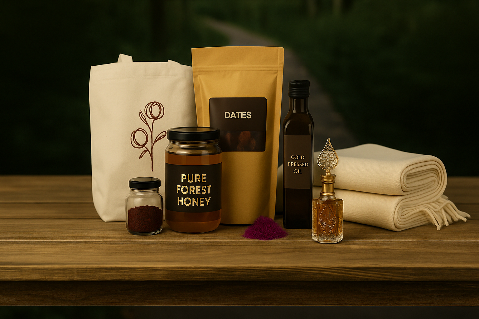 Elesaar's natural product range including honey, saffron, dates, cold-pressed oil, pashmina, cotton tote bag, and a perfume bottle on a wooden table in a forest setting on the Stories Page.