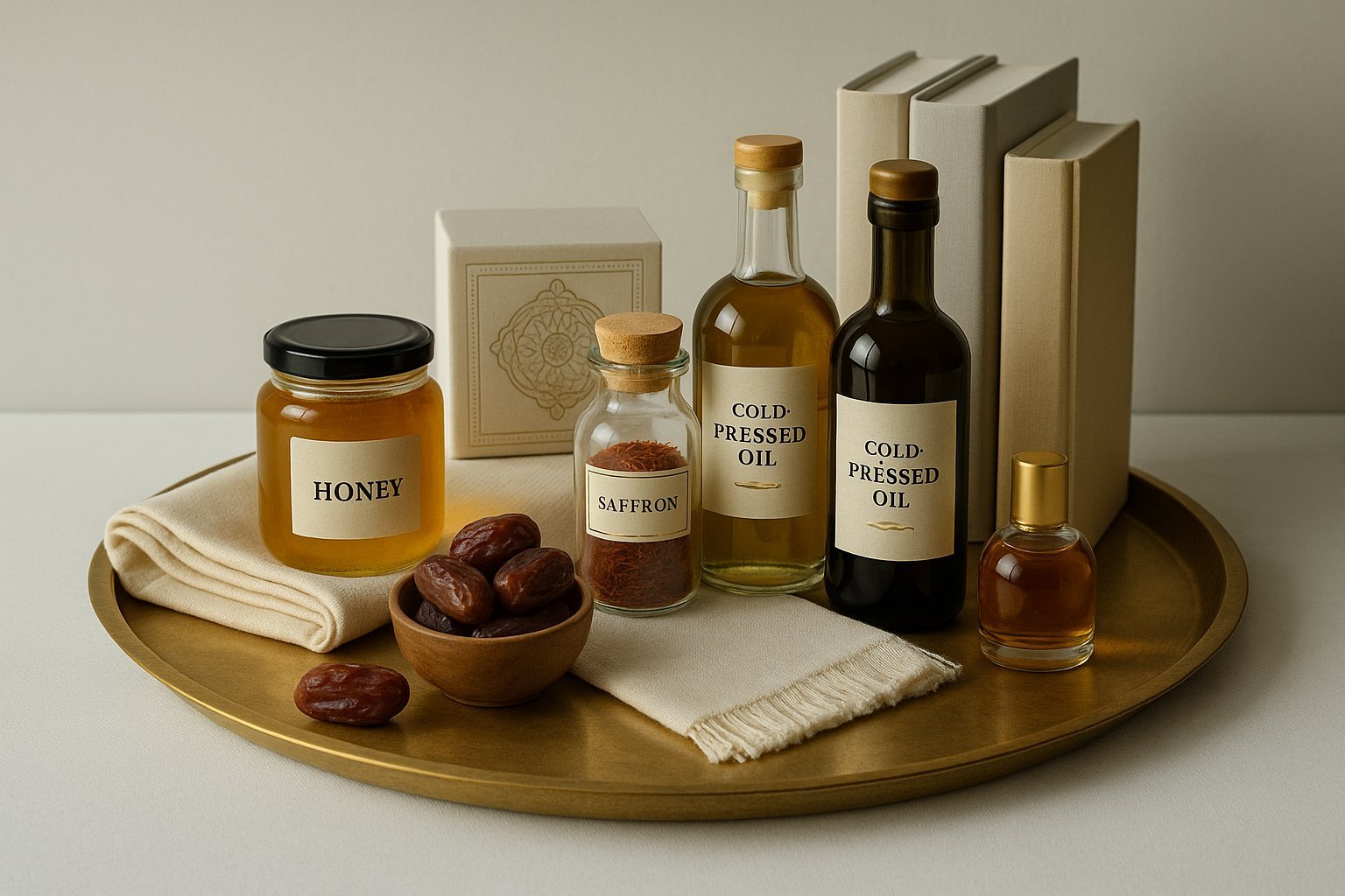 A brass thaal arranged with honest products like honey, saffron, cold-pressed oils, handmade perfume, and date fruits — representing Elesaar’s soulful trade philosophy.