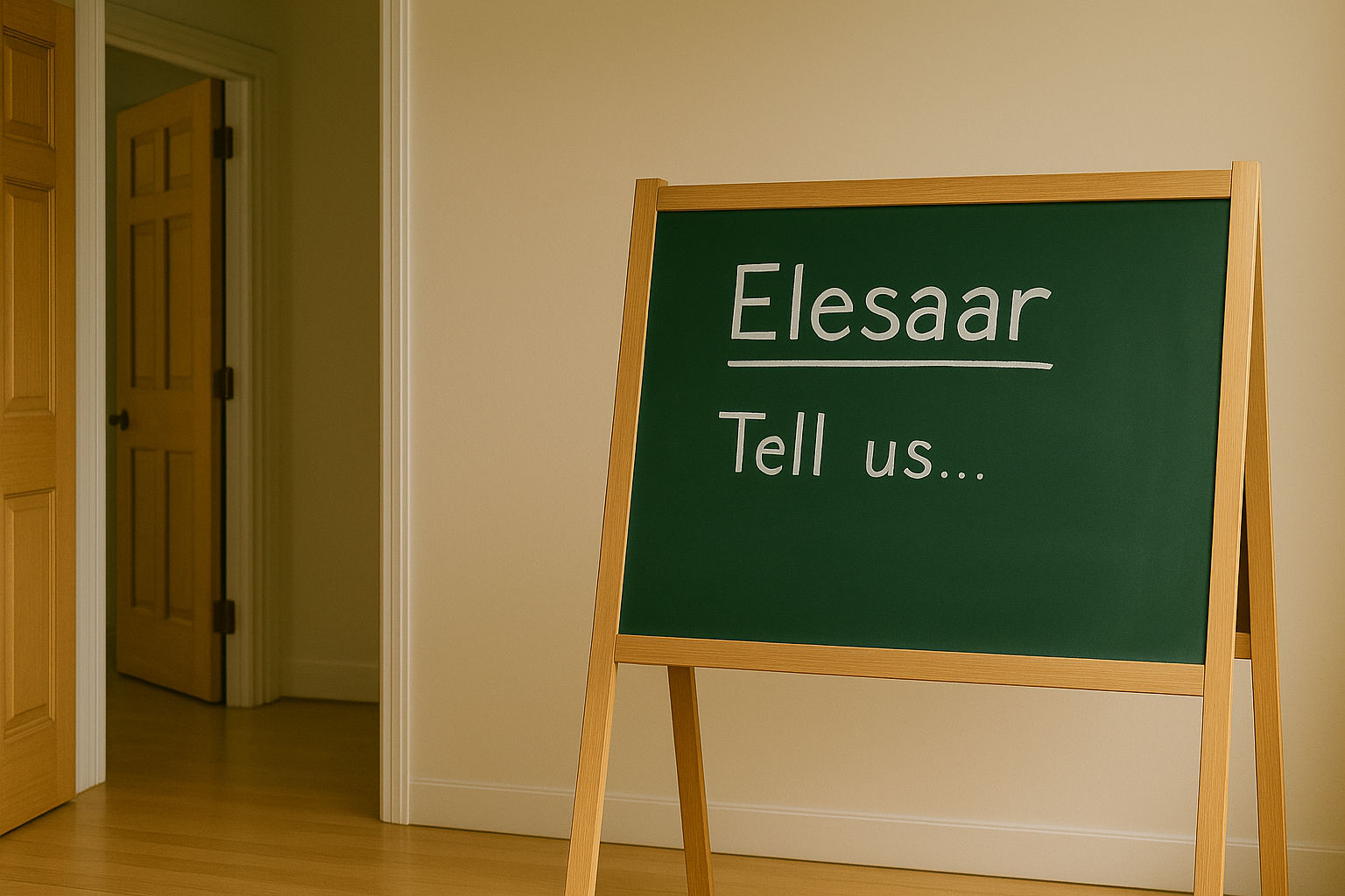 Chalkboard easel with the words "Elesaar Tell us..." written on it, placed in a warmly lit room on the Explore Next With Elesaar Page