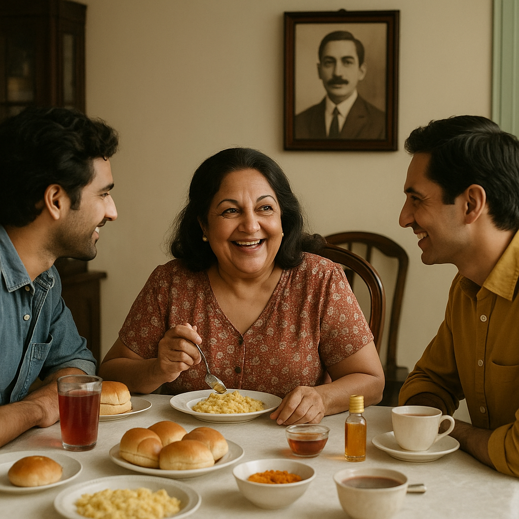 Smiling elderly woman sitting at a breakfast table with two younger men in a traditional Parsi home in 'Whispers of a Forgotten Fragrance' | Elesaar Honey Blog Series 1