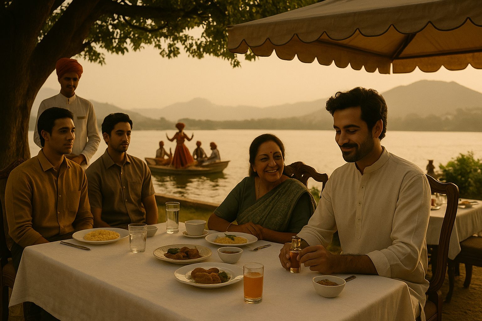 A lakeside dining scene in Udaipur with a South Asian man holding a perfume bottle, seated at an elegant table with guests, while Rajasthani folk performers dance on a floating platform in the background in Elesaar Perfume Blog Series 1 — Whispers of a Forgotten Fragrance
