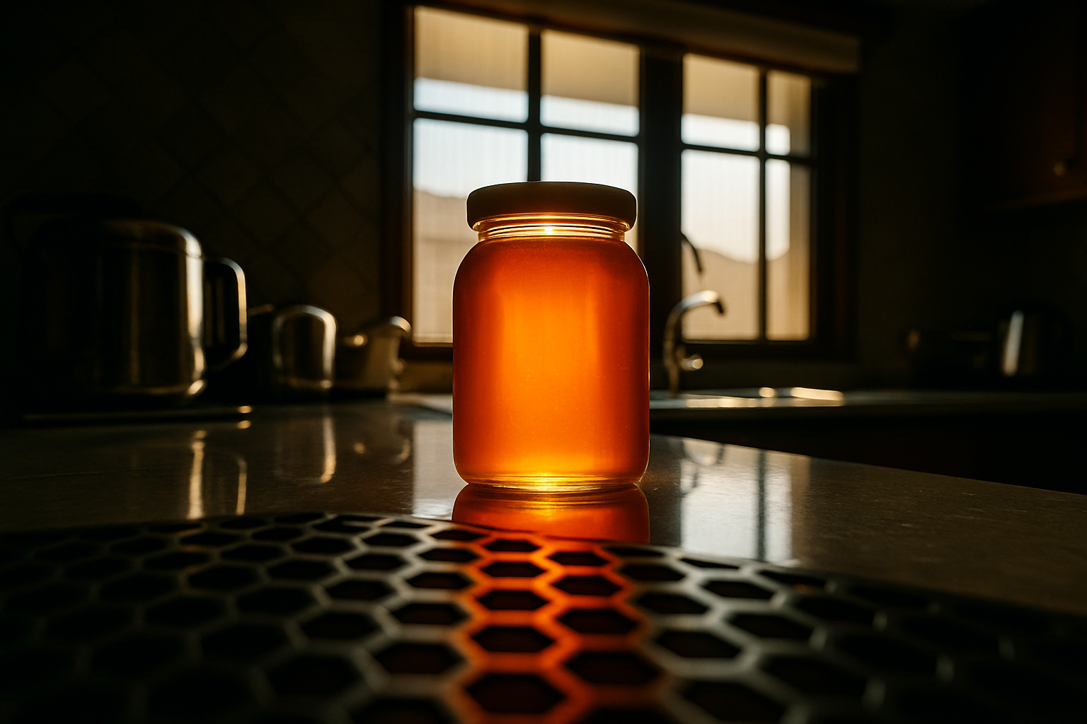 A glowing jar of real honey placed on a kitchen counter, illuminated by sunlight from a nearby window. The honey glows red | Elesaar Honey Blog Series