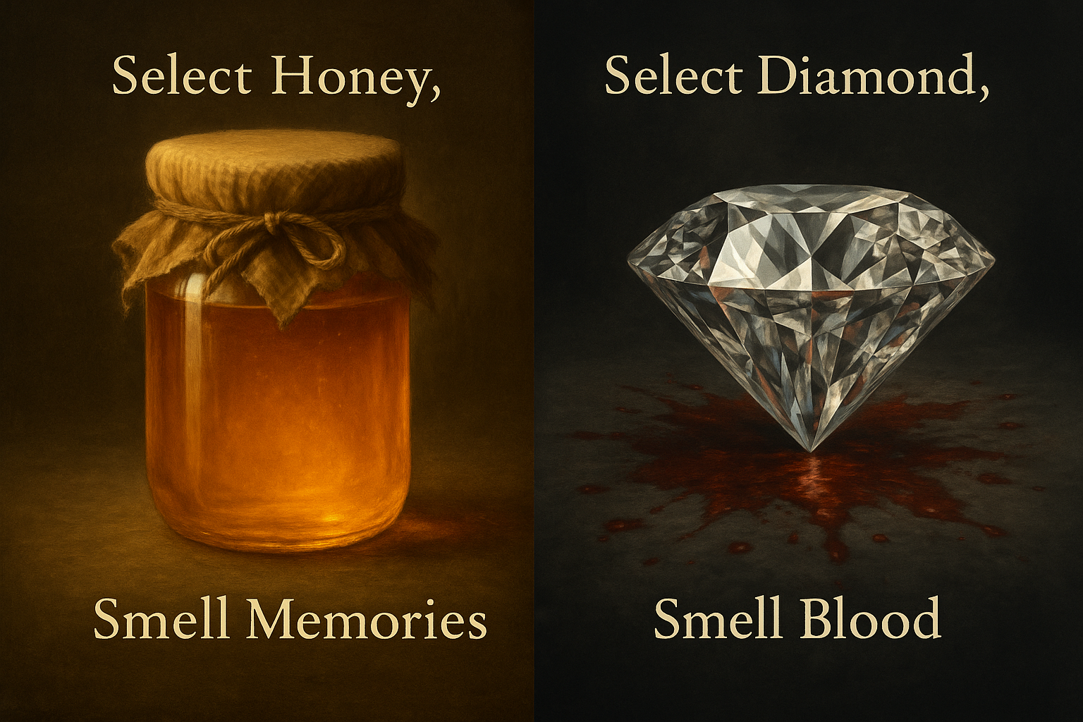A jar of honey and a diamond placed side by side, with honey glowing softly and the diamond resting above a dark red stain on a black surface | Elesaar Honey Blog Series