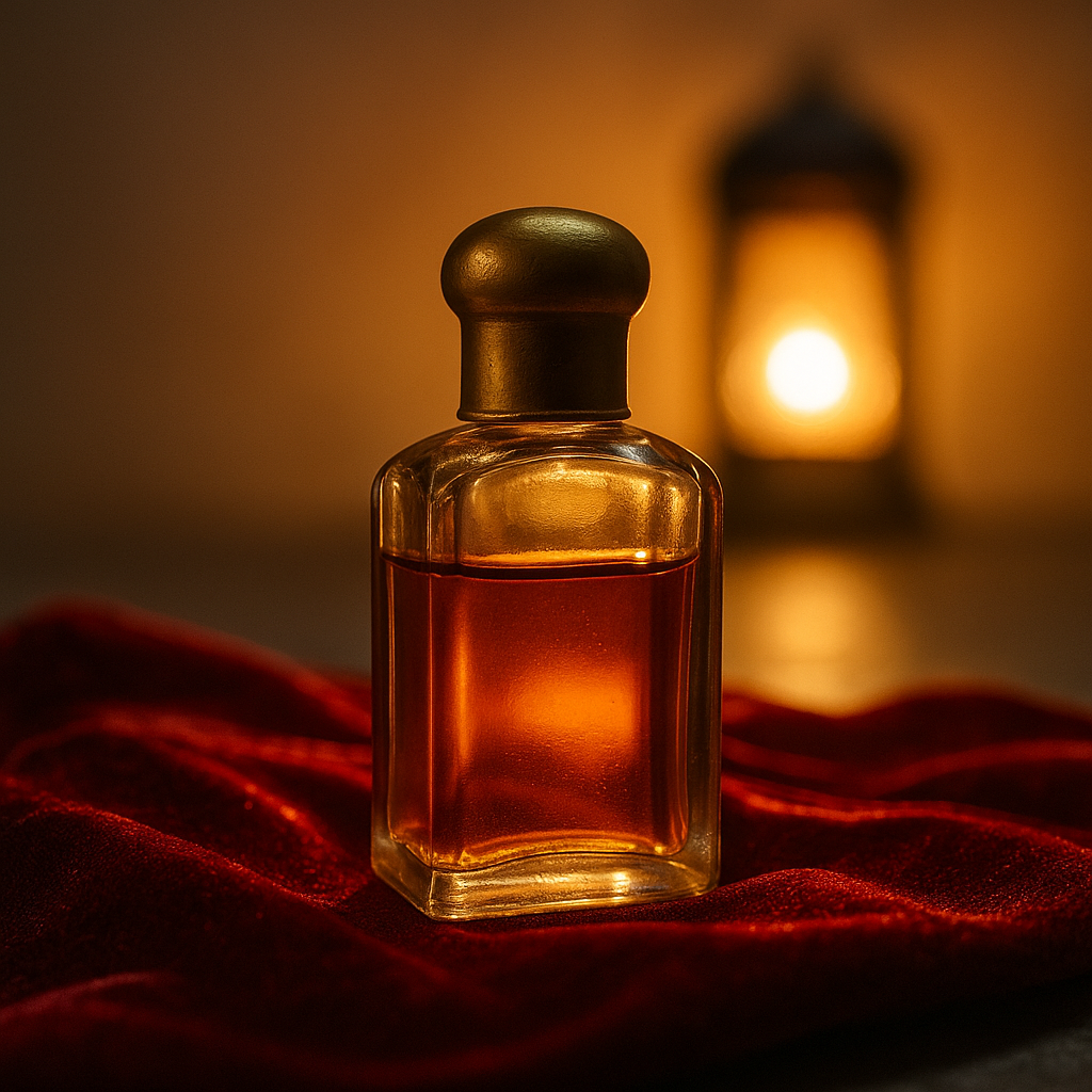 A small, vintage-style itra bottle glowing with warm light, placed on a bright velvet cloth. This is the first image in Elesaar Perfume Blog Series 1, Whispers of a Forgotten Fragrance