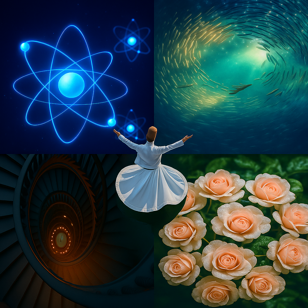 A collage of five symbolic images with a whirling Darvesh at the center, surrounded by visuals of atomic structure, spiral staircase, swirling fish, and dew-covered roses