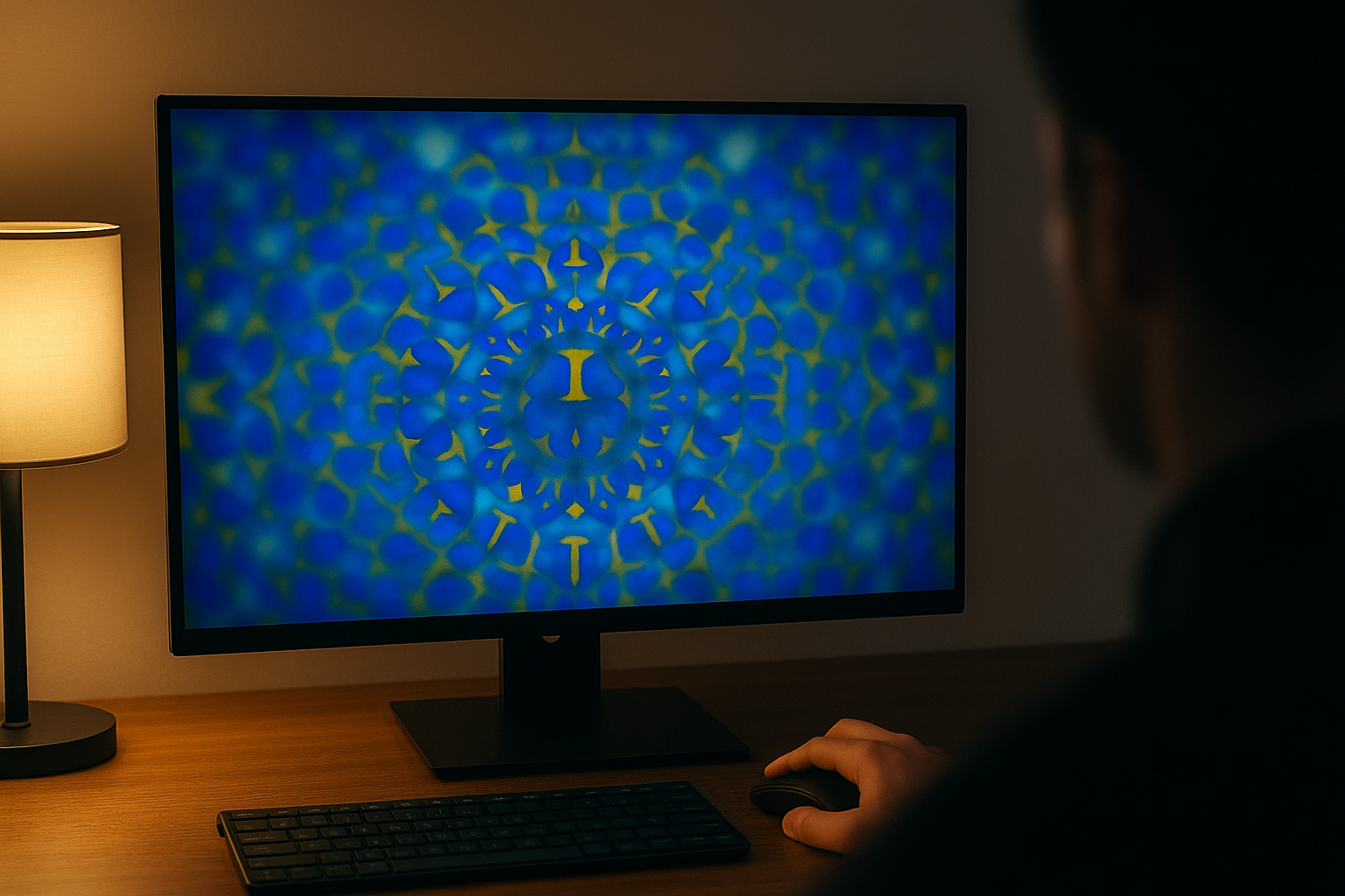 Over-the-shoulder view of a man at a desk, gazing at a computer screen displaying the kaleidoscopic Elesaar logo pattern