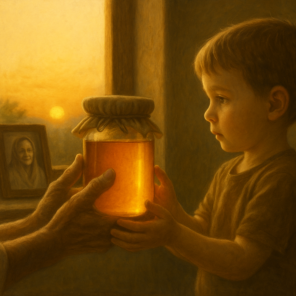 A child receiving a jar of honey at sunrise from an elder, with a portrait of his late great grandmother on the windowsill — a moment of inherited legacy.