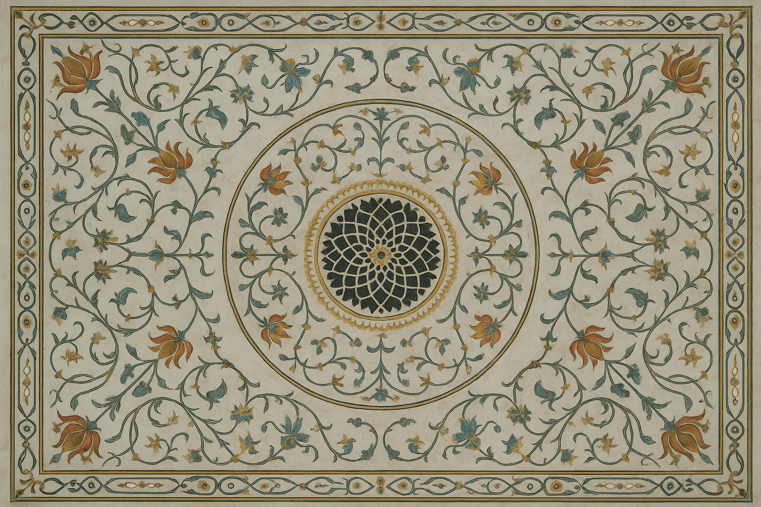 Intricate marble inlay forming a symmetrical Kaleidoscope-like design, inspired by Mughal architecture. Elesaar — A Whirling Prayer continues