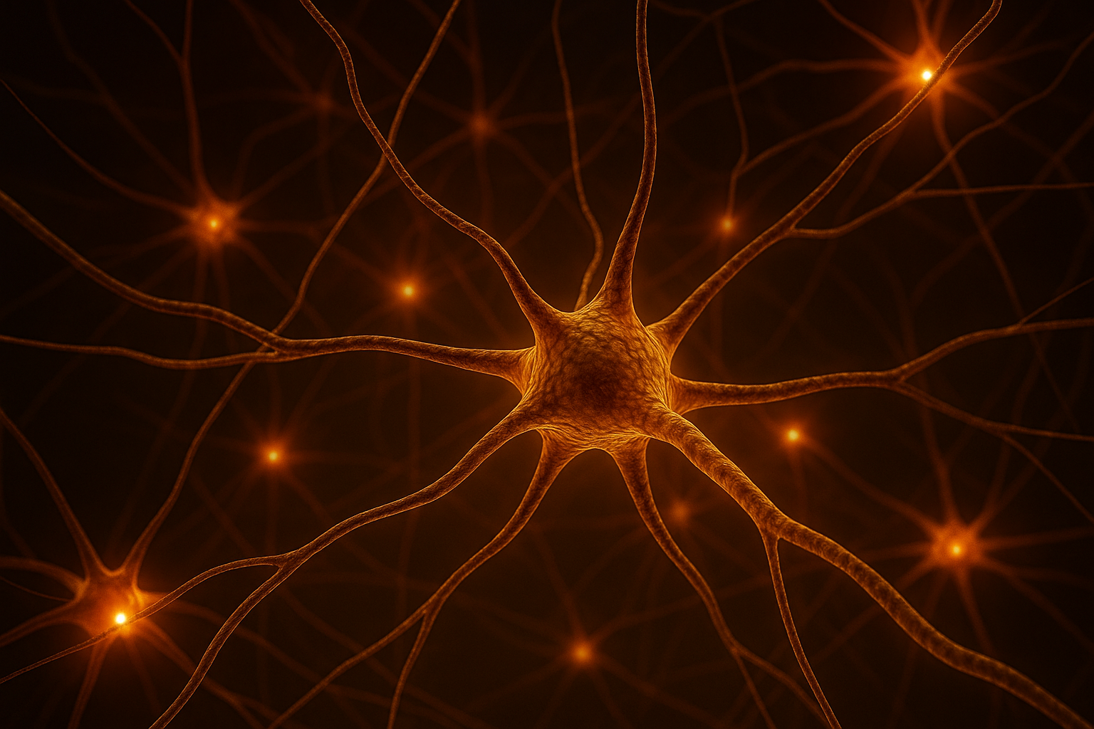 Digital illustration of a neural network with glowing synapses, visually resembling a kaleidoscope pattern.