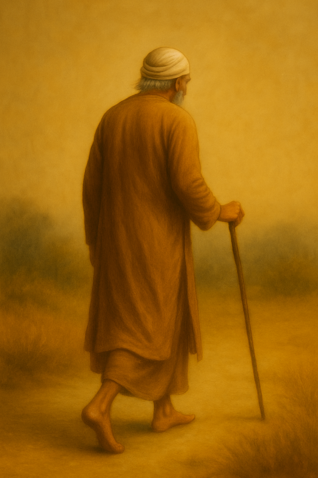 This image appears in the last part of the Elesaar Honey Blog Series. A long-robed elderly man with a headwrap walks away barefoot into a golden wilderness, holding a wooden staff in his right hand. The background is glowing with warm light as he disappears into the soft distance.