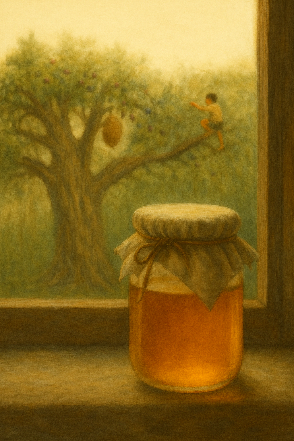 A jar of honey glowing on a kitchen windowsill, and a child in the background climbing a fruit filled jamun tree with a hive hanging beside him. Elesaar Honey Blog Series