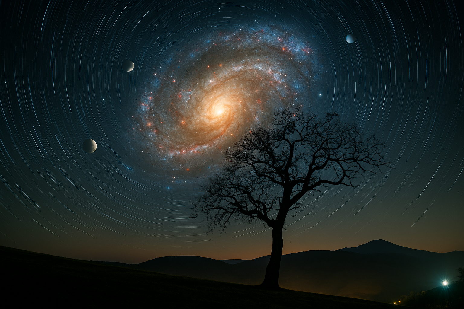 A silhouetted tree under a swirling night sky, resembling a cosmic spiral of stars in Kaleidoscope Elesaar - A Whirling Prayer