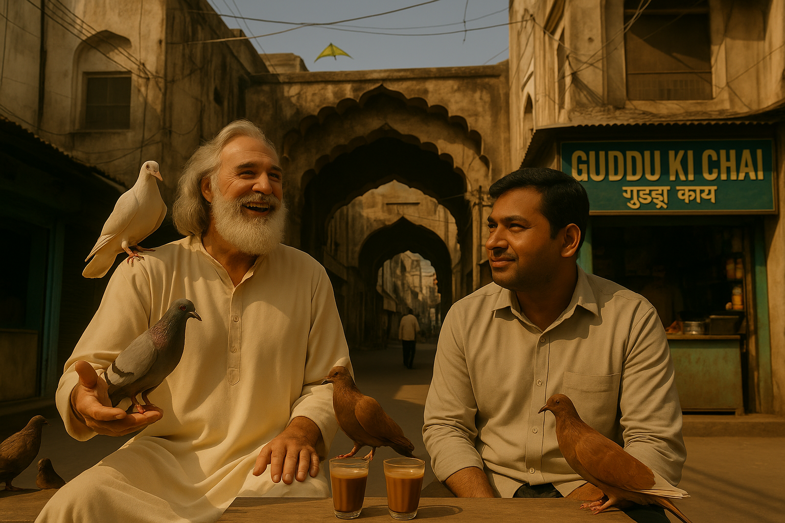 A gentle, smiling elder with flowing white hair and a long beard sits beside a younger itra maker on a stone bench outside “Guddu Ki Chai.” Several pigeons of different colors are perched around them as they quietly sip tea. The elder man looks radiant and serene, while the younger man watches him with surprise and curiosity.