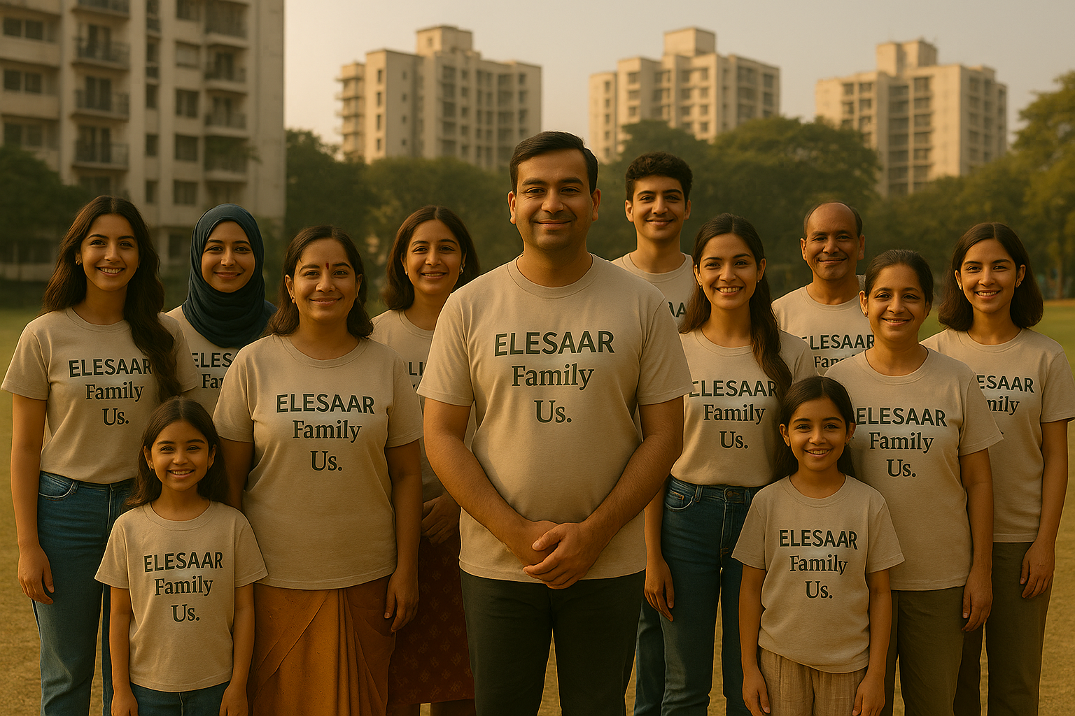 In this final image of the blog, The Bird Man, we see thirteen people of diverse backgrounds wearing Elesaar Family T-shirts, smiling in a morning-lit playground with apartment buildings in the background.