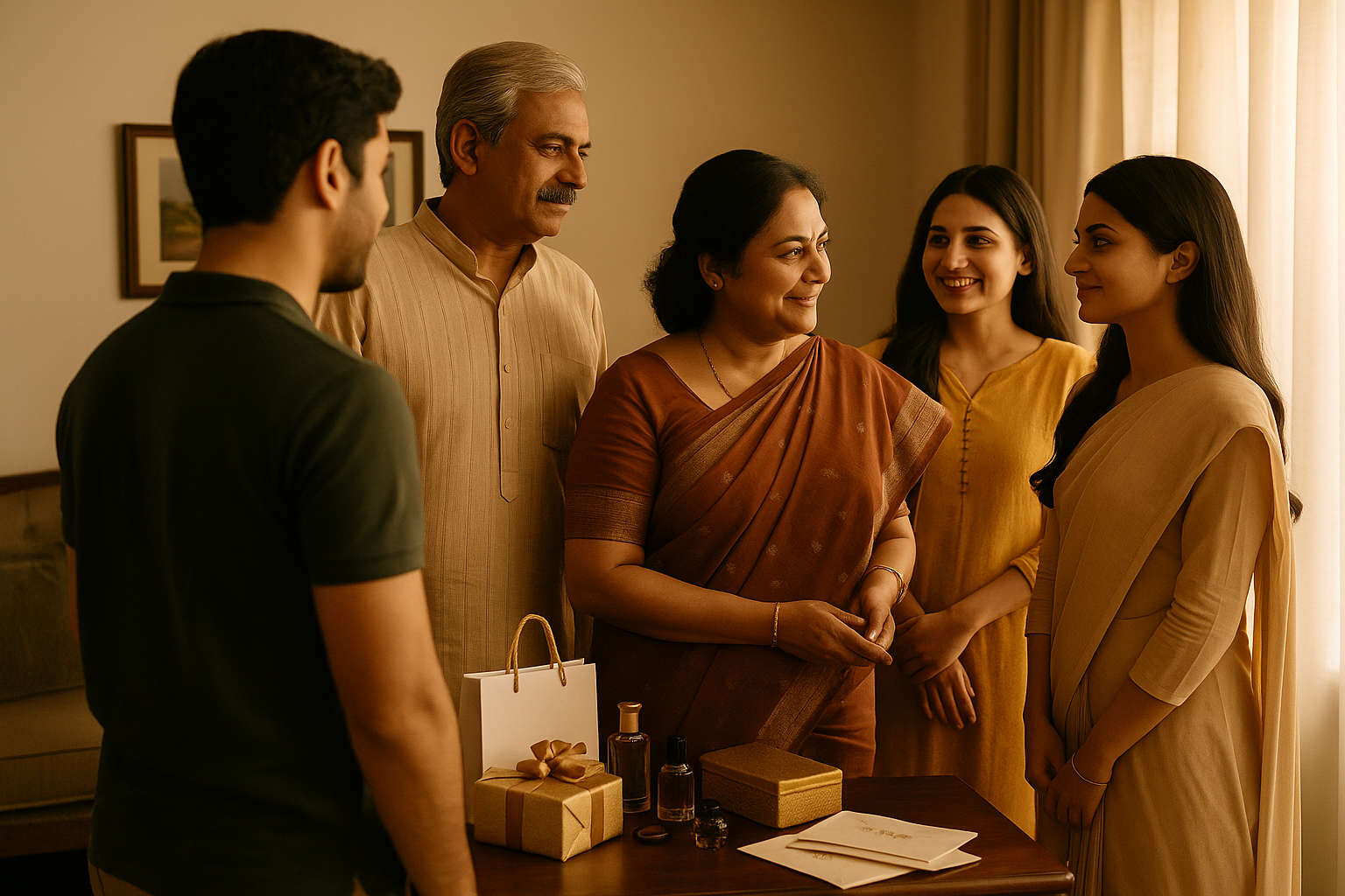 An Indian family shares a warm moment. The mother gazes at Priya with love, and the father stands proudly beside her. The narrator and Baby stand by Priya, facing the family. A table in front holds elegant gifts, envelopes, and perfume bottles — a silent blessing from the Darvesh | Elesaar Perfume Blog Series 2