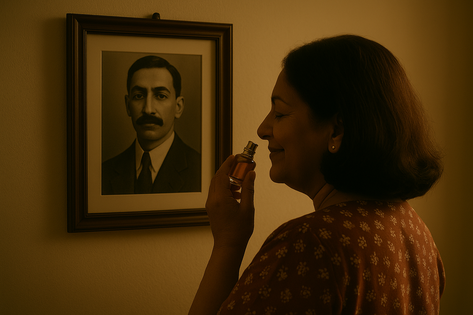 A middle-aged South Asian woman stands before a photo frame holding a black-and-white portrait of a man in a suit, as she gently inhales a small perfume bottle, evoking memory and emotion in the blog, The Bird Man — Elesaar Perfume Blog Series 3