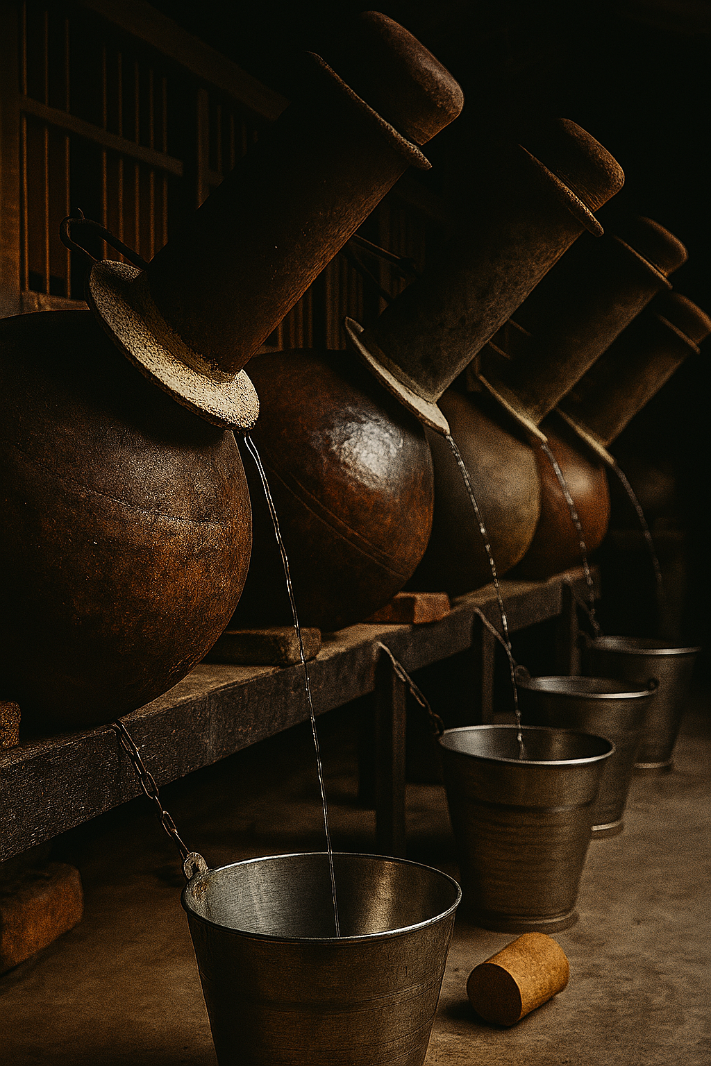 A row of large copper degs used for traditional perfume distillation in Kannauj, with water flowing into metal buckets in a dimly lit, rustic workshop — featured in Elesaar Perfume Blog Series 2