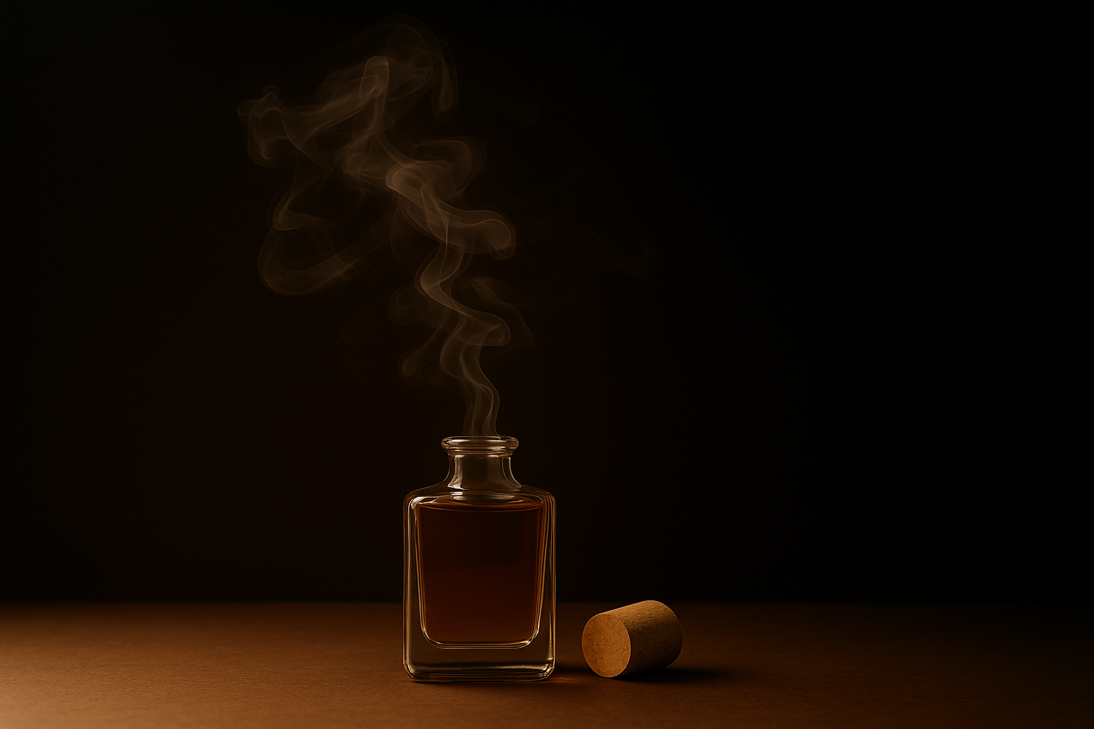 A square glass perfume bottle with its cork placed beside it, releasing soft amber-colored smoke into the dark background. This Fragrance of Blessings is a part of Elesaar Perfume Blog Series 1.
