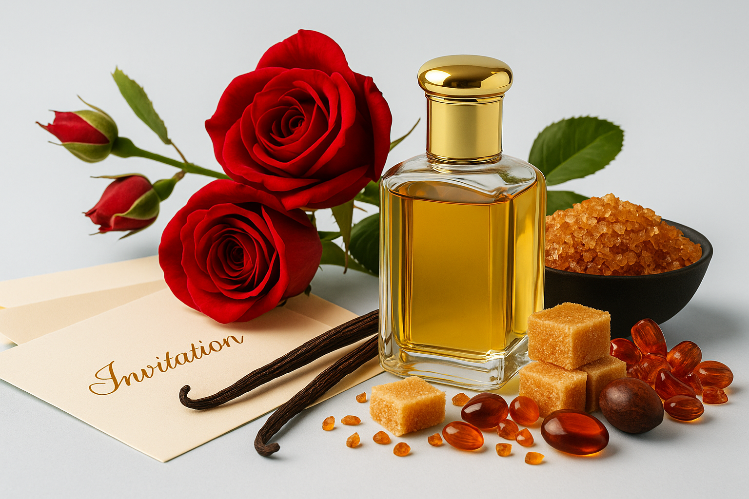 A golden perfume bottle stands next to red roses, vanilla beans, sugar cubes, amber drops, and brown crystals. Beside it, three ivory-colored wedding invitation cards rest elegantly, symbolizing a fragrant Indian wedding tradition. | Elesaar Perfume Blog Series 2