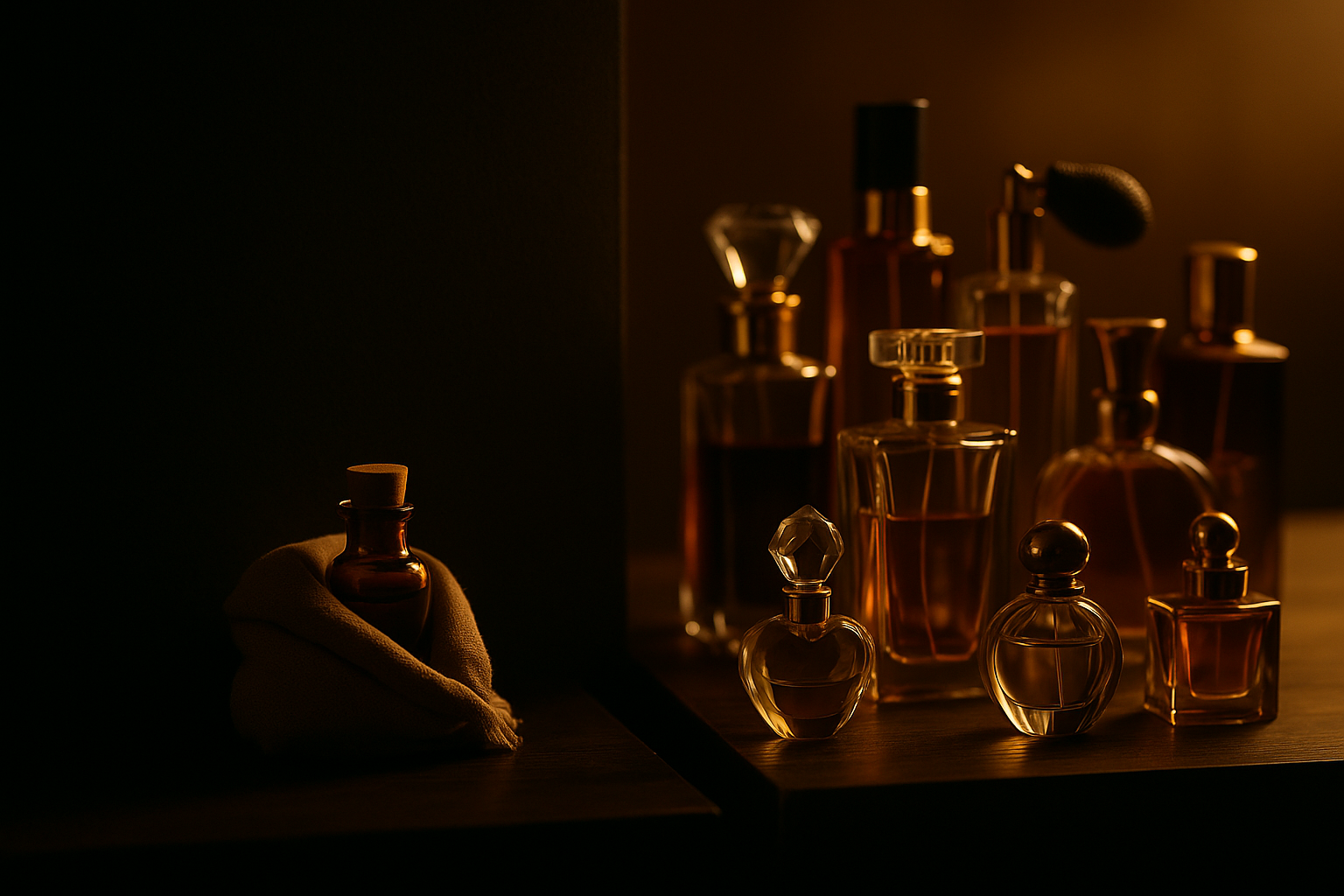 A symbolic still-life showing a shelf divided in two: on one side, a group of elegant, gold-lit perfume bottles; on the other, a single cloth-wrapped Itra bottle in deep shadow — quiet, humble, and untouched by spotlight.